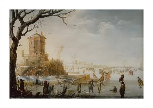Winter Landscape with Skaters (oil on wood)