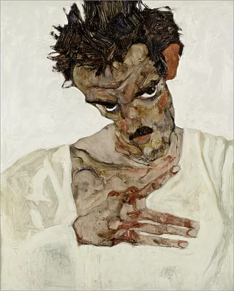 Autoportrait a la tete baissee. Peinture de Egon Schiele (1890-1918), huile sur bois, 1912. Art autrichien, 20e siecle, art nouveau, modernisme. Leopold Museum, Vienne (Autriche)