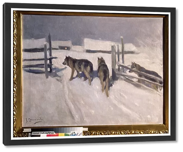 Loups, nuit d hiver (Wolfs, Winter Night) - Peinture de Alexei Stepanovich Stepanov (1858-1923), huile sur toile, vers 1910, art russe, debut 20e siecle - Collection privee