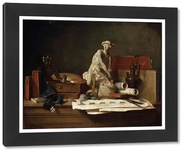 'Nature morte aux attributs des Arts'(Still Life with Attributes of the Arts) Sculpture de mercure coiffe d un petase, palette de peintre, livres. Peinture de Jean Baptiste Simeon Chardin (1699-1779) Dim. 112x140