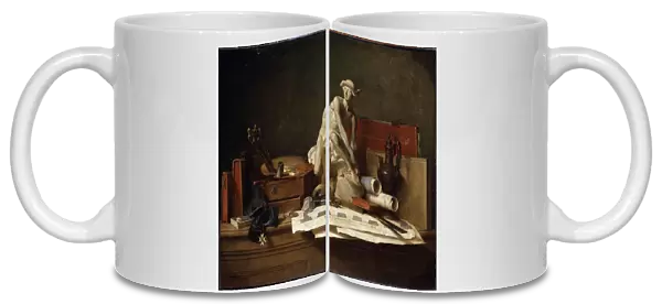 'Nature morte aux attributs des Arts'(Still Life with Attributes of the Arts) Sculpture de mercure coiffe d un petase, palette de peintre, livres. Peinture de Jean Baptiste Simeon Chardin (1699-1779) Dim. 112x140