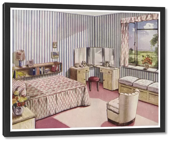 Low-ceilinged bedroom decorated with striped wallpaper to give a sense of greater height (colour litho)