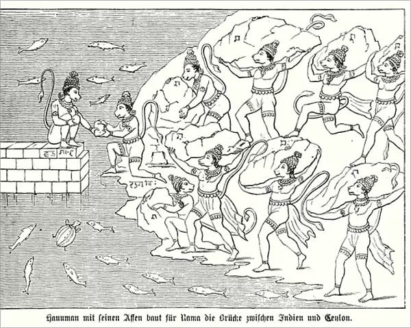 Hanuman and his army of monkeys building a bridge from India to Lanka for Rama to rescue his wife Sita, scene from the Hindu epic poem the Ramayana (engraving)