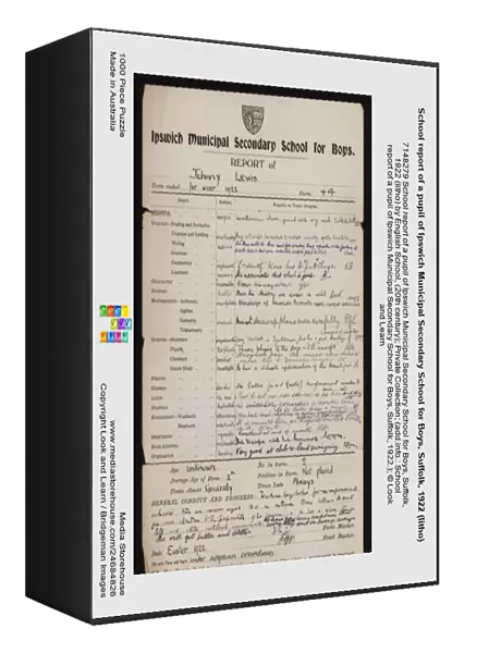 School report of a pupil of Ipswich Municipal Secondary School for Boys, Suffolk, 1922 (litho)