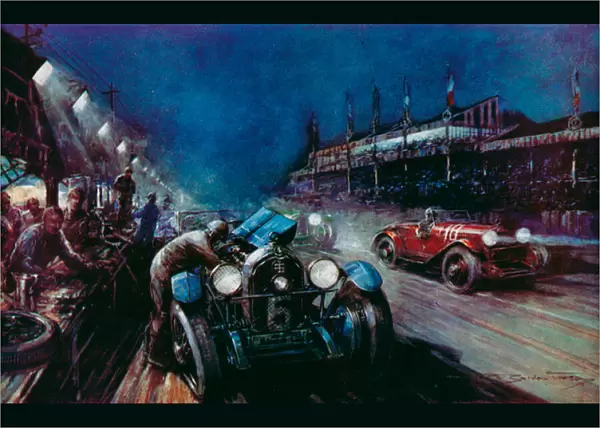 One of the successful Lorraine-Dietrich cars refilling at the pit during the night run in the Le Mans 24-hour race (colour litho)