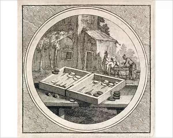 Backgammon set and players from Stichtelyke Zinnebeelde, 1723 (engraving)