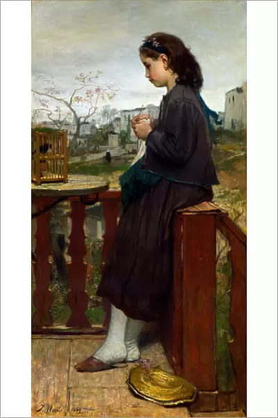 'Jeune fille tricotant sur un balcon, Montmartre, Paris'(Girl knitting on a balcony, Montmartre) Peinture de Jacob Maris (1837-1899) - 1869 - Oil on canvas Dim 110x75, 7 cm Gemeentemuseum Den Haag
