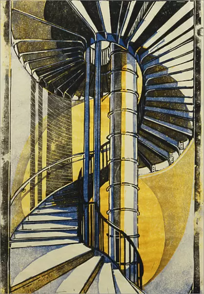 The Tube Staircase, c. 1930 (linocut printed in colours on tissue Japan)