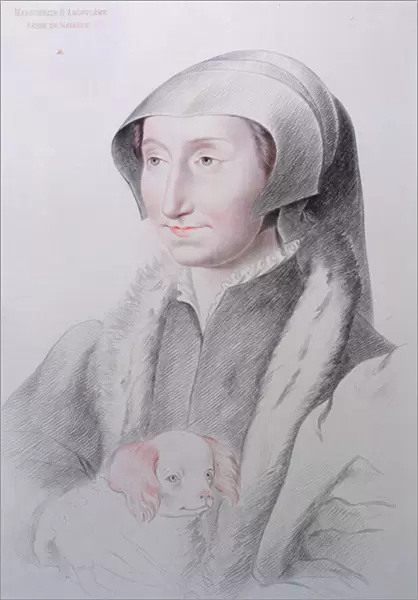 Portrait of Marguerite d Angouleme (1492-1549) Queen of Navarre with a dog on her knees, facsimile of a sixteenth century drawing, 1848 (colour litho)
