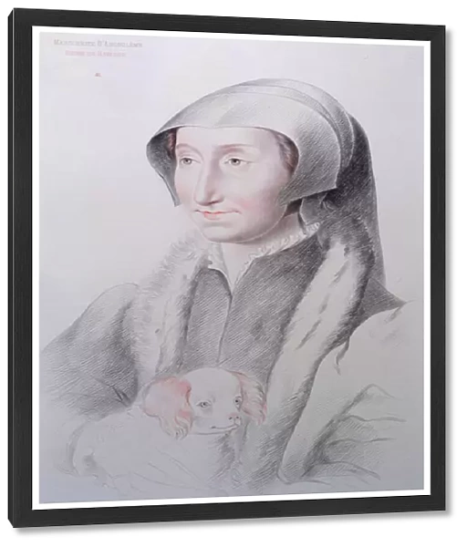 Portrait of Marguerite d Angouleme (1492-1549) Queen of Navarre with a dog on her knees, facsimile of a sixteenth century drawing, 1848 (colour litho)