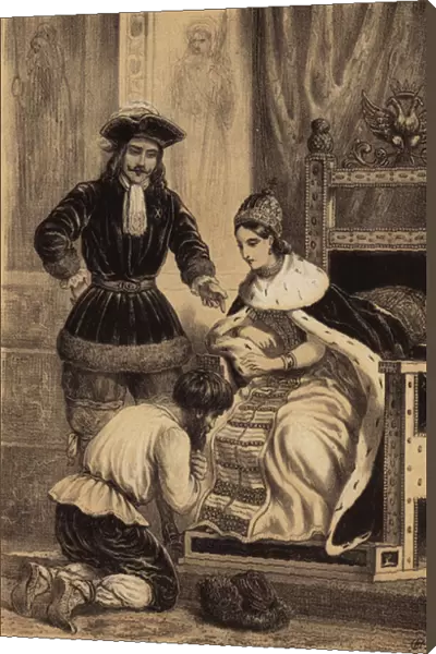 Peter the Great of Russia ordering Karol Skowronski to kiss the hem of the skirt of his sister, Empress Catherine I (litho)