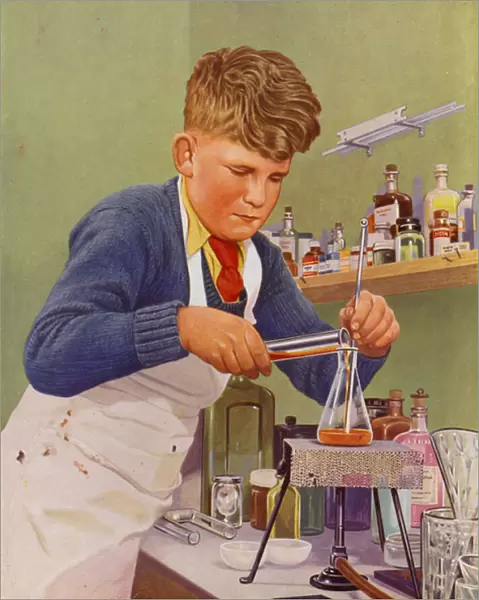 Boy performing a chemistry experiment (colour litho)