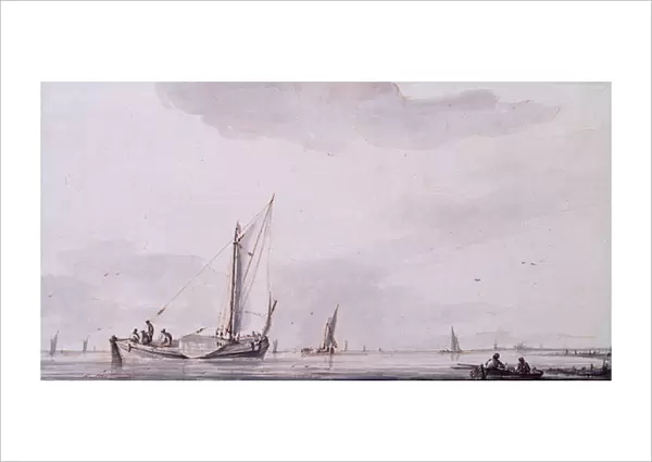 Fishermen and Sailing Boats on an Estuary in a Calm (pen, ink and wash)