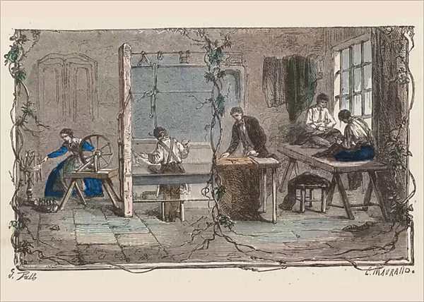 Working with wool (coloured engraving)