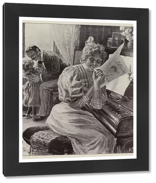 Piano teacher persuading a little girl to deliver a kiss to her aunt at the piano (litho)