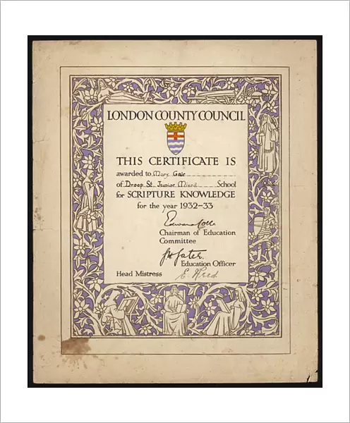 Certificate for Scripture knowledge awarded by the London County Council to a pupil of Droop Street Junior School, 1933 (colour litho)