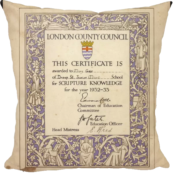 Certificate for Scripture knowledge awarded by the London County Council to a pupil of Droop Street Junior School, 1933 (colour litho)