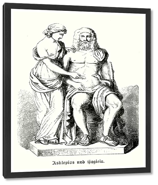 Asclepius, god of medicine in Greek Mythology, and his daughter Hygieia, goddess of health, cleanliness; and hygiene (engraving)