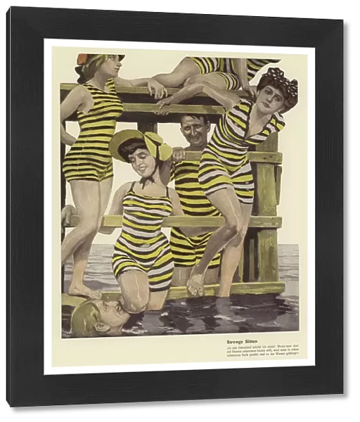 Group of bathers in striped costumes (colour litho)