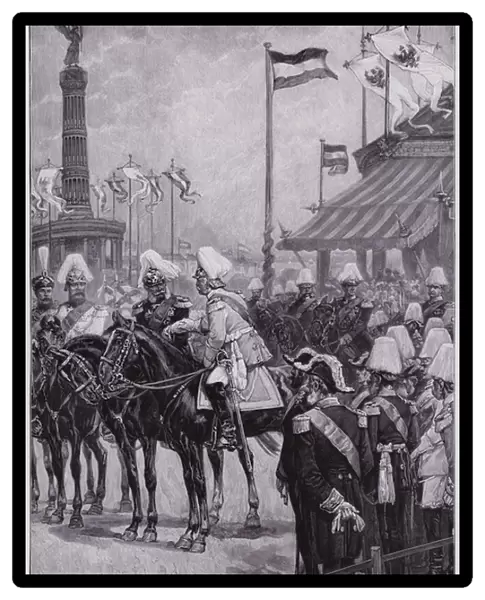 Kaiser Wilhelm I of Germany greeting his Chancellor, Otto von Bismarck at the ceremonial inauguration of the Victory Column in Berlin, 1873 (engraving)