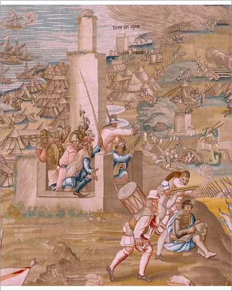 Flemish tapestry. Series The Conquest of Tunis. The Attack on La Goleta (Ataque a la Goleta). Fourth tapestry in the series. Model Jan Vermeyen and Pieter Coecke van Aelst. 1543-1548
