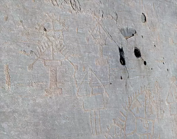 CAMUNI Depiction of buildings of a village, petroglyphs on Permian sandstone