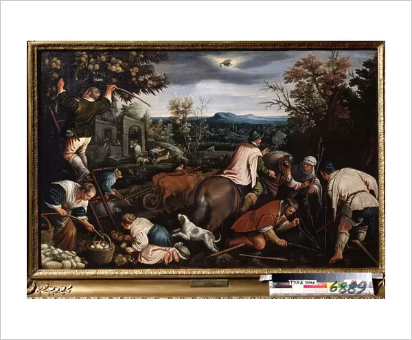 'Le mois d octobre'(October) Les travaux des champs. Les paysans plantent des arbres. Symbole du signe du scorpion dans le ciel. Peinture de Leandro Bassano da Ponte (1557-1622) 1595-1600 State Art Museum Toula Russie