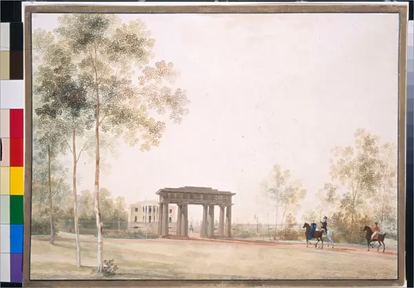 'Gateway to the Park in Tsarskoye Selo'by Andrei Yefimovich Martynov (1768-1826), Gouache on paper after 1821, 38, 5x51, 5, State Tretyakov Gallery, Moscow