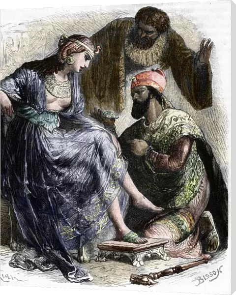 The Greek hetary and courtesan Rhodope and the Psammetic pharaoh (6th century BC), 19th century (engraving)