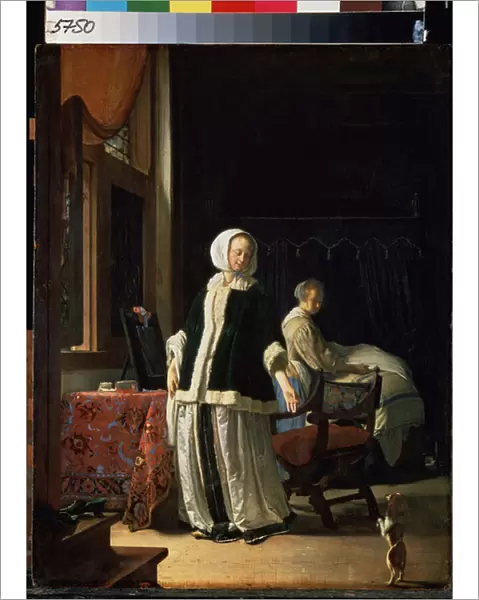 La matinee d une jeune femme. (Morning of a Young Lady). Une femme et sa domestique observent un chien faisant le beau. Peinture de Frans van Mieris de Oudere dit Frans Mieris l ancien ou le vieux (1635-1681), vers 1660. Huile sur bois