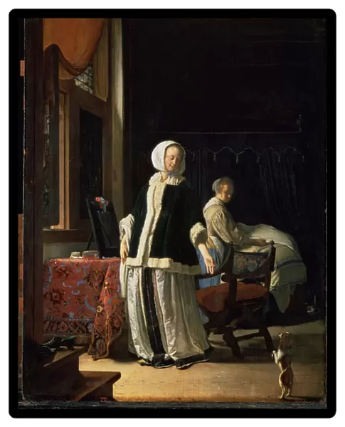 La matinee d une jeune femme. (Morning of a Young Lady). Une femme et sa domestique observent un chien faisant le beau. Peinture de Frans van Mieris de Oudere dit Frans Mieris l ancien ou le vieux (1635-1681), vers 1660. Huile sur bois