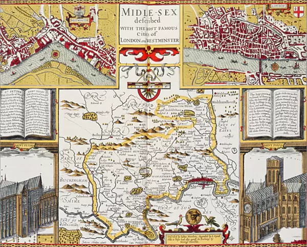 Midlesex described with the most famous cities of London and Westminster, from Speeds Theatre of the Empire of Great Britain, 1611-12 (hand coloured copper engraving)