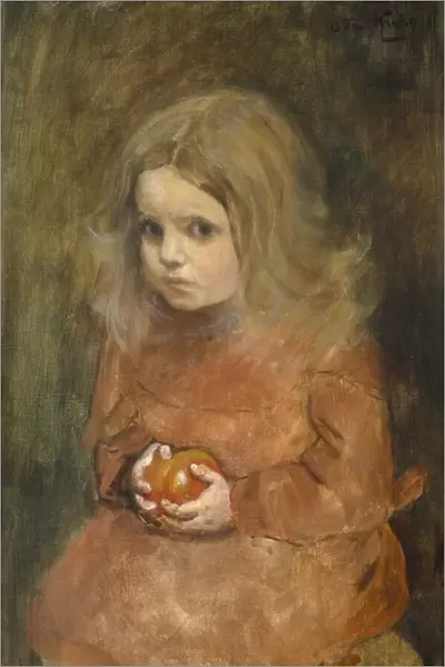 Little girl with apple (oil on canvas)