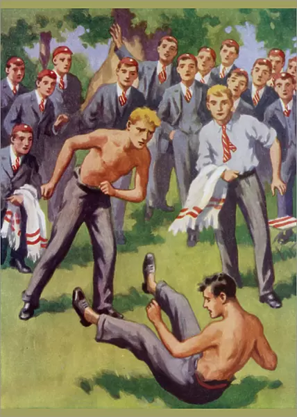 Scruff Ryder: two schoolboys having a fight (colour litho)