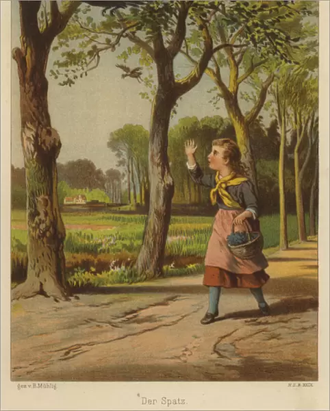 Girl chasing off a crow to save a sparrow (colour litho)