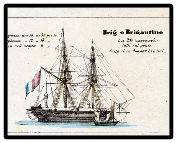 Geography 'Comparative Statistical Framework of the Powers of Europe', with the main models of ships of the Navy: detail of the description of the Brig, or Brig 'from 20 guns all on deck, 1853 ( litho colour)
