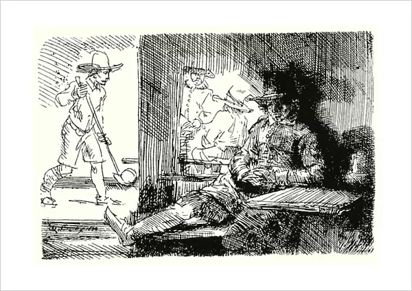 The Golfer, scene in a tavern with man playing kolven outside (litho)