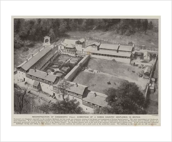 Reconstruction of Chedworth Villa, homestead of a Roman country gentleman in Britain (litho)