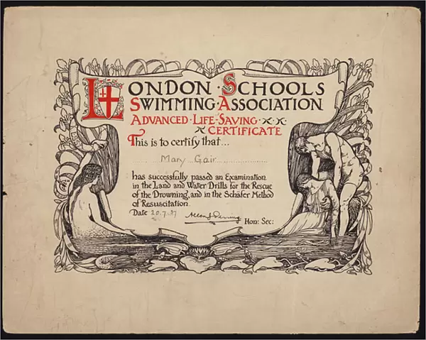 Advanced Life Saving Certificate awarded by the London Schools Swimming Association, 1937 (colour litho)