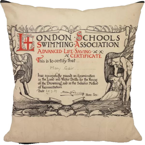 Advanced Life Saving Certificate awarded by the London Schools Swimming Association, 1937 (colour litho)