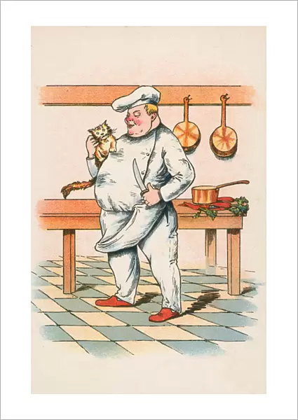 Chef with an apprehensive cat (colour litho)
