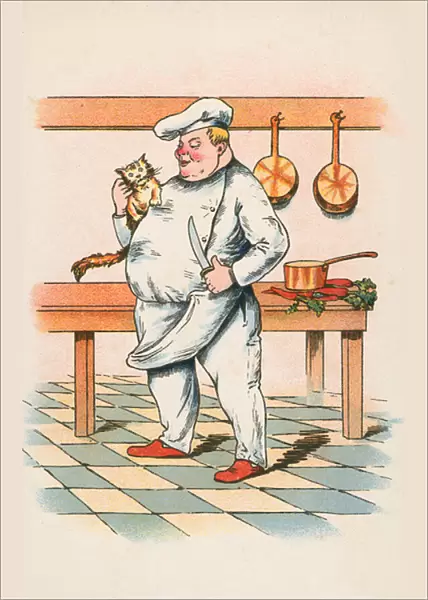 Chef with an apprehensive cat (colour litho)