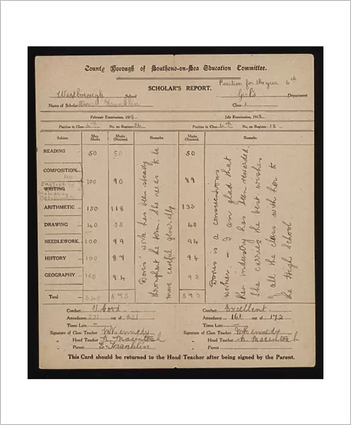 School report of a pupil of Westborough School, Southend-on-Sea, Essex, 1918 (litho)