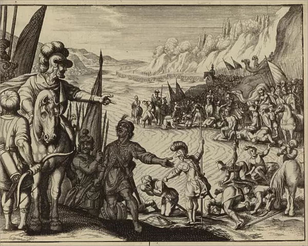 Gideon choosing 300 soldiers to attack the camp of Midian (engraving)