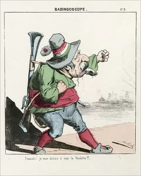 Flying leaf, number 5, Satirical in Colours, circa 1870: Badingoscope - Commune of Paris  /  War  /  Siege, Hunt, President of the Republic - Napoleon III - Illustration by Moloch (1849-1909)