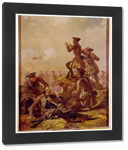 Une scene de la guerre de Crimee (1853-1856). Derriere la ligne des troupes de front, des officiers dont un blesse, observent le champ de bataille. Peinture de Mihaly Zichy (1827-1906), huile sur toile, vers 1850. Art hongrois, 19e siecle