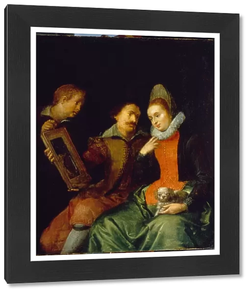 Allegorie de la vue. Une jeune femme portant un petit chien se regarde dans un miroir tenu par un homme et un adolescent qui la regardent avec intensite. Peinture de Marten Pepyn (Pepin) (1575-1643), huile sur toile, debut 17e siecle, art flamand