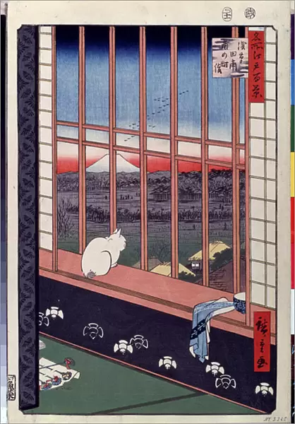 Serie 'Les cent vues celebres d'Edo' : 'Les rizieres d'Asakusa pendant la fete du coq, un chat assis sur le rebord d'une fenetre' (A cat sitting on the window seat)