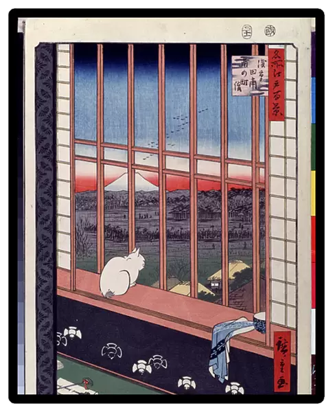 Serie 'Les cent vues celebres d'Edo' : 'Les rizieres d'Asakusa pendant la fete du coq, un chat assis sur le rebord d'une fenetre' (A cat sitting on the window seat)