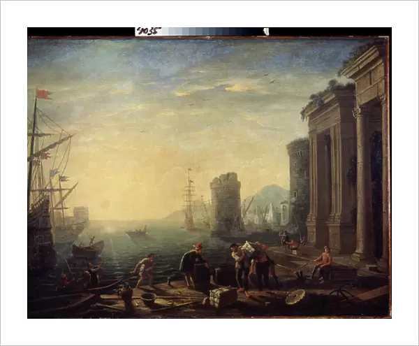 Matin dans le port. Morning in the Harbour. Peinture de Claude Gellee dit le Lorrain (1600-1682). Huile sur toile, 1630. Art francais, style baroque. Musee de l Ermitage Saint Petersbourg